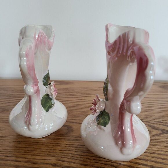Three Piece Iridescent Lusterware Pink Bud Vase Set 3-D Capodimonte Flowers - Picture 12 of 15